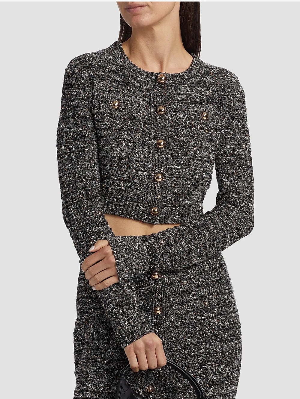 NWT Toccin Luxe Bouclé Texture Sequin Knit Set Button-Front Cardigan Midi Skirt